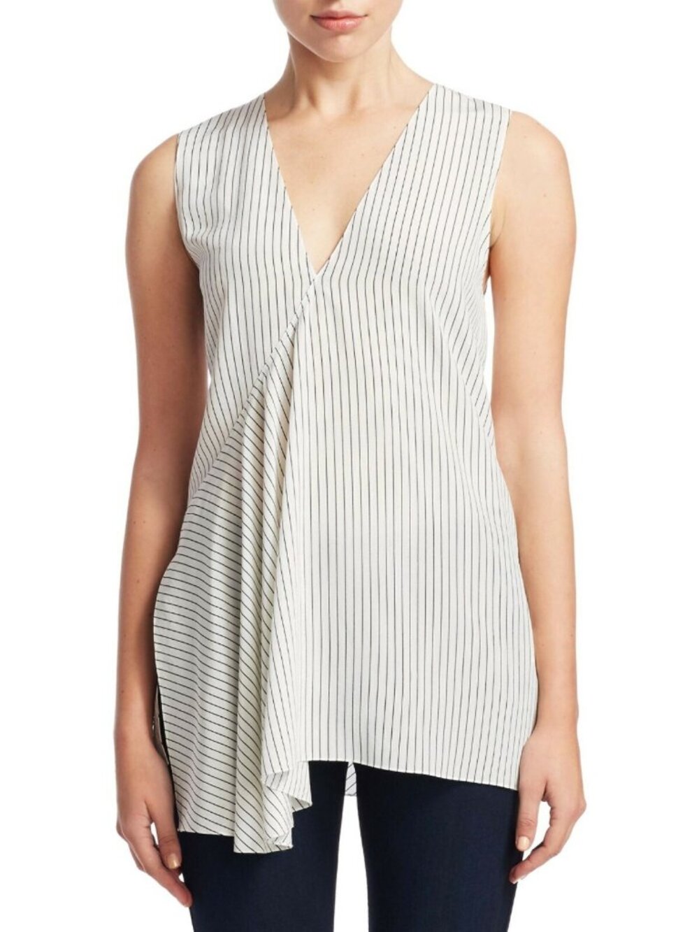 THEORY Ivory Fluid Pinstripe 100% Silk Top XSP Petite Sleeveless P